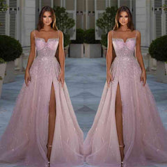 Classic Pink Spaghetti-Straps Prom Dress Sleeveless A-Line Long With Slit Beads
