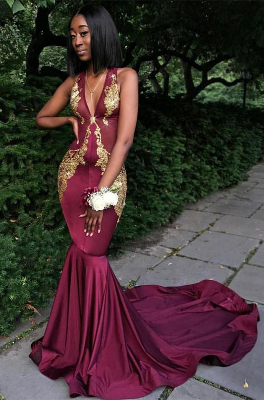 Burgundy V-Neck Sleeveless MermaidProm Dresses With Appliques