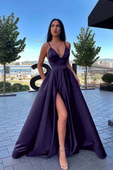  Elegant Burgundy Evening Dress Spaghetti-Straps A Line Split with Pockets