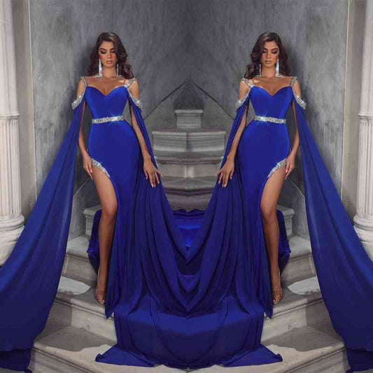 Glamorous Royal Blue Ruffle Sleeves Prom Dresses Side Slit Mermaid With Beads