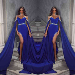Glamorous Royal Blue Ruffle Sleeves Prom Dresses Side Slit Mermaid With Beads