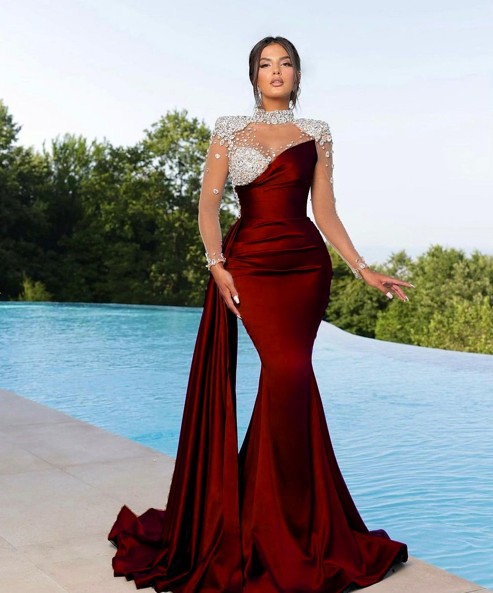 Purple Prom Dress Long Mermaid Satin With Trail Beadings Long Sleeves