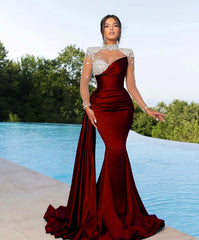 Purple Prom Dress Long Mermaid Satin With Trail Beadings Long Sleeves