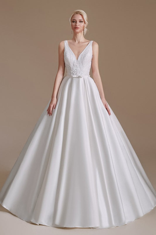 Elegant V-neck A-line Satin Wedding Gown with Lace Appliques