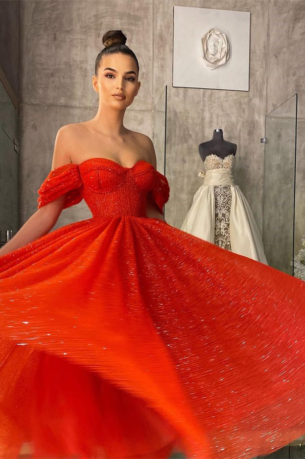 Modern Off-the-Shoulder Red Sequins Prom Dress Tea-Length