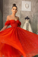 Modern Off-the-Shoulder Red Sequins Prom Dress Tea-Length