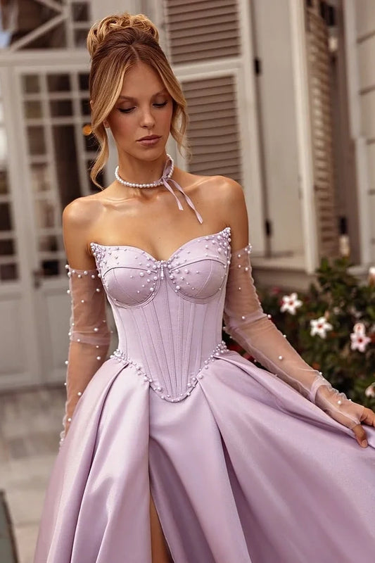 Purple Sleeveless Strapless Sweetheart A-Line Beads Prom Dress
