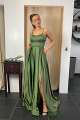 Elegant Spaghetti-Straps Long Prom Dress Split With Pocket
