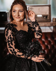 Long Sleeve Black Satin Ball Gown Wedding Dress in Elegant Style