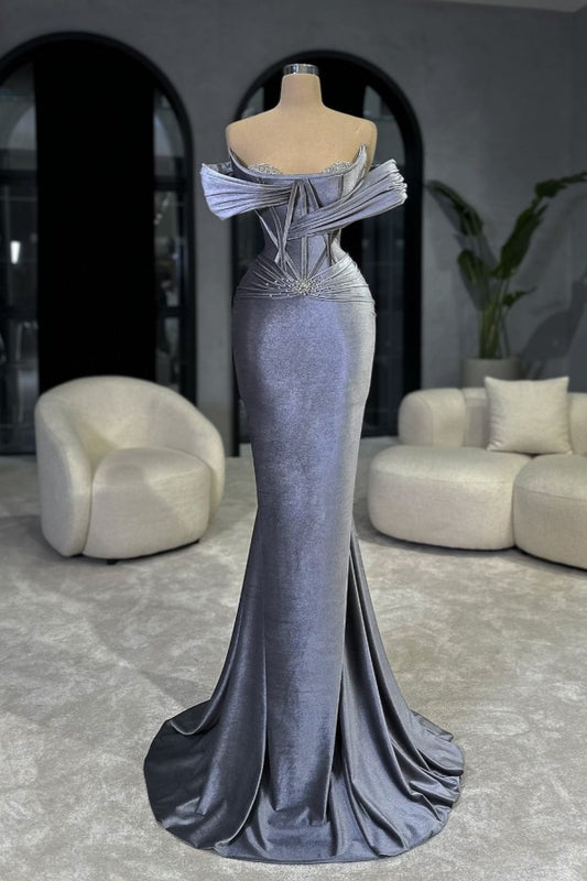 Dusty Blue Off-the-Shoulder Prom Dress Velvet Mermaid Sleeveless with Beads