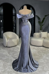 Dusty Blue Off-the-Shoulder Prom Dress Velvet Mermaid Sleeveless with Beads