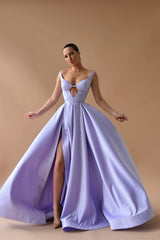 Stunning Lilac Straps Prom Dresses Split Long V-Neck Sleeveless