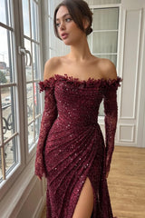 Burgundy Strapless Long Sleeves Lace Prom Dress with Sequins