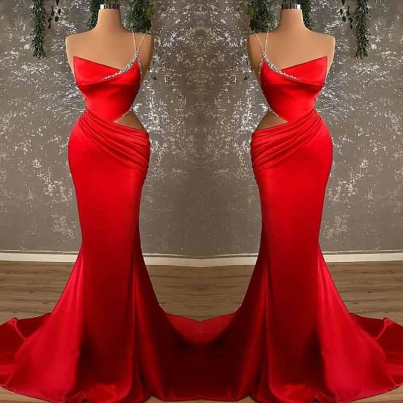 One Shoulder Spaghetti Strap Red Prom Dress Asymmetric Dress