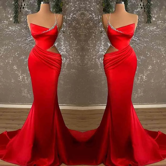 One Shoulder Spaghetti Strap Red Prom Dress Asymmetric Dress