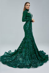 Gorgeous Long Sleeves Emerald Green Prom Dress Mermaid Sequins Long