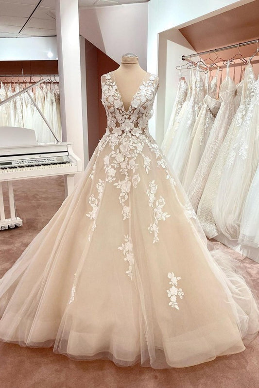 Elegant V-neck A-Line Wedding Gown with Backless Design, Wide Straps, and Lace Tulle Appliques