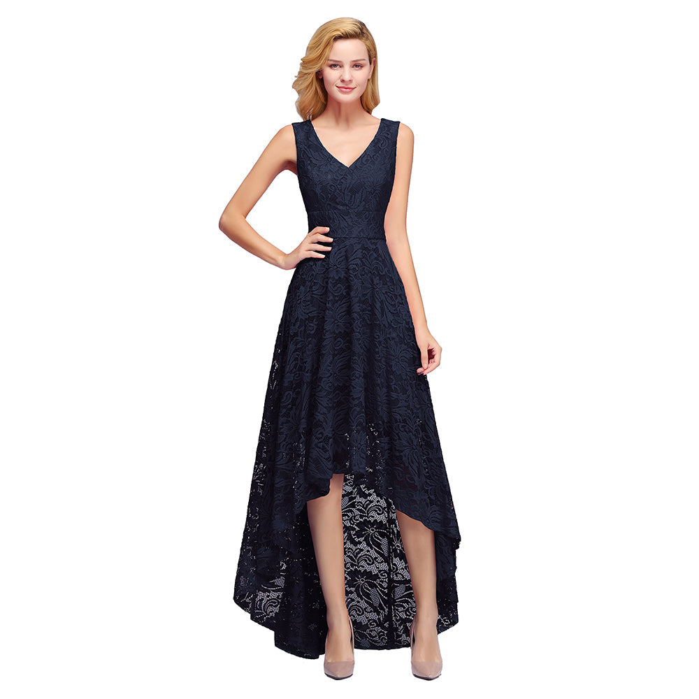 RjerStore Burgundy A-line Hi-lo V-neck Lace Dresses