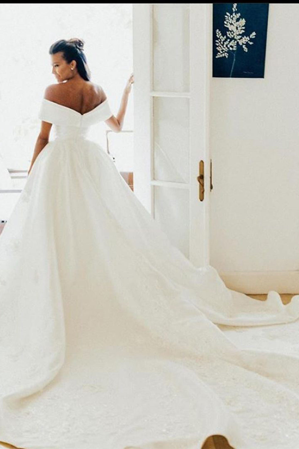 Elegant V-Neck Off-The-Shoulder Wedding Ball Gown with Lace
