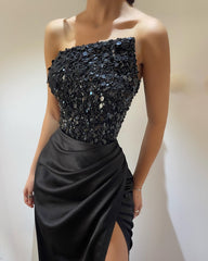 New Arrival Black Strapless Prom Dress Split Long With Sequins Sleeveless