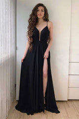 Black Spaghetti-Straps Long Prom Dress With Split