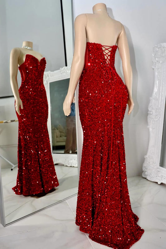 Stunning Red Sweetheart Sequins Prom Dress Mermaid Lace-Up Back