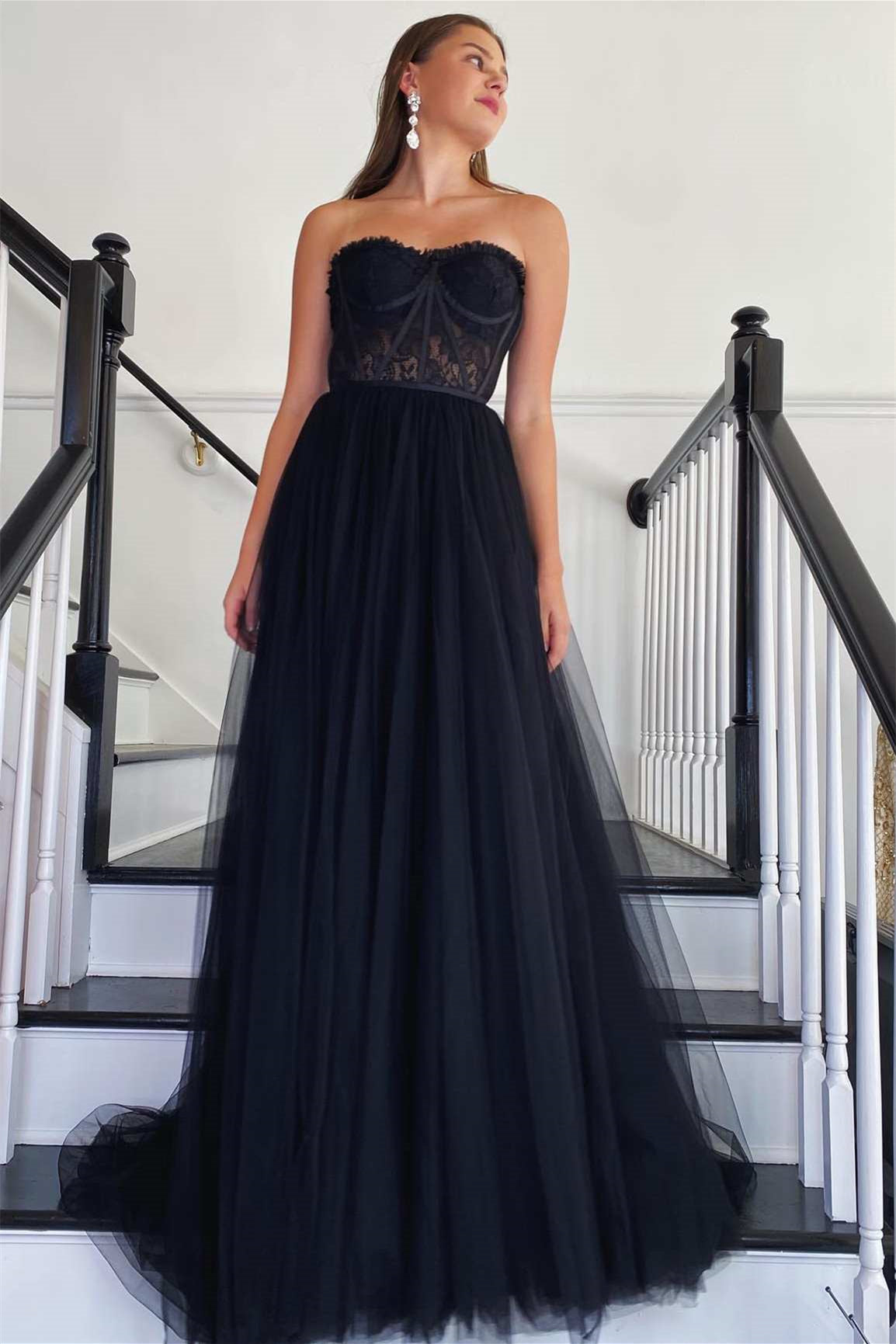 Modern Strapless A-Line Prom Dress Tulle Lace Zipper Back