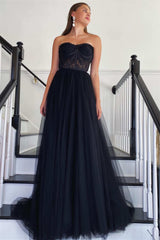 Modern Strapless A-Line Prom Dress Tulle Lace Zipper Back