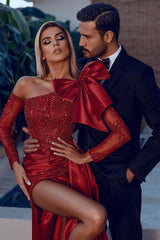 Gorgeous Long Sleeves Burgundy Prom Dress Mermaid Sequins With Split Bowknot