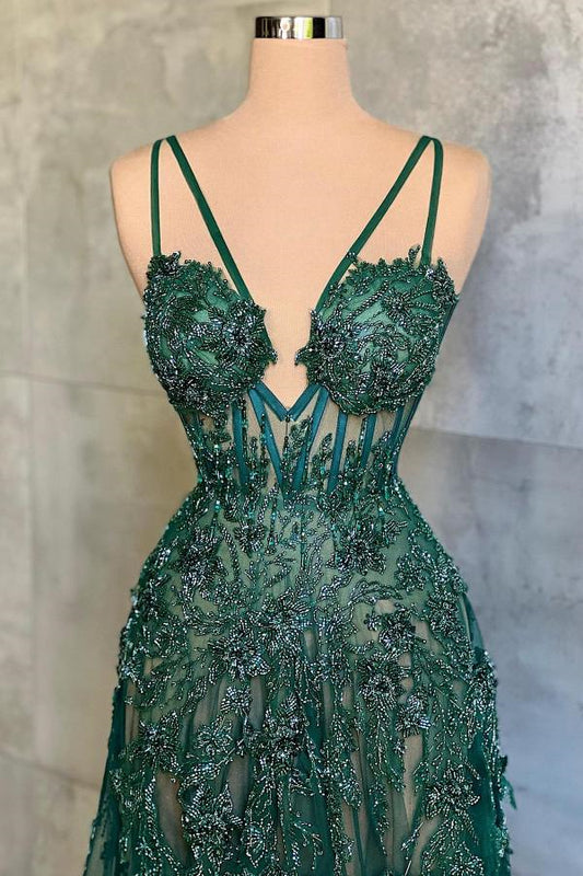Chic Sleeveless V-Neck Dark Green Prom Dress Tulle Long With Applqiues Beads