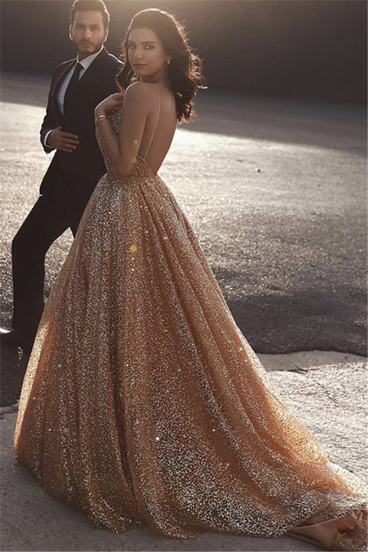 Charming Gold Shinning Sequined Spaghetti-Straps Prom Dress Long Backless