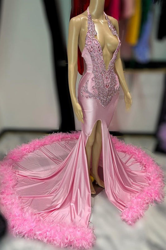 Modern Pink Deep V-Neck Mermaid Prom Dress Beadings Split With Feathers Bottom