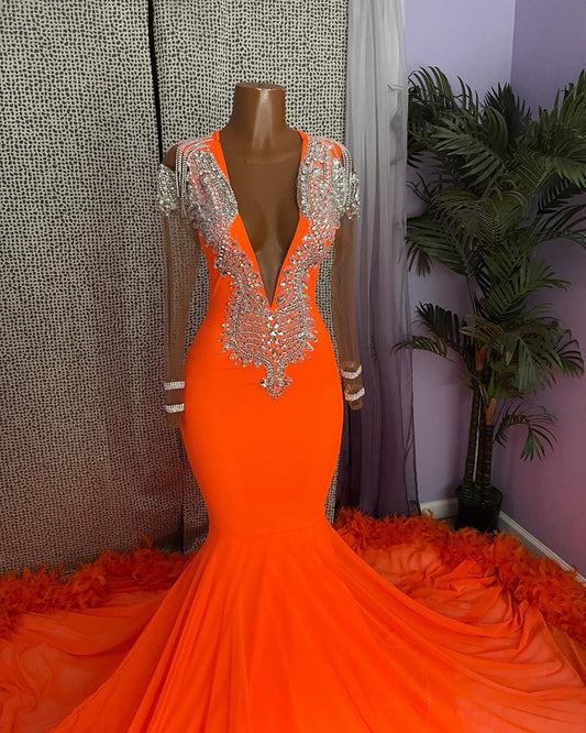 Classic Orange Long Sleeves Prom Dress Mermaid V-Neck With Crystals Feathers