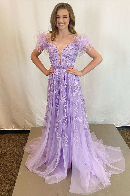 Gorgeous Lilac Off-The-Shoulder V-Neck A-Line Prom Dress With Appliques Feathers