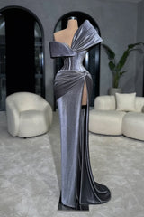 Dusty Blue One Shoulder Long Split Velvet Prom Dress Mermaid Sleeveless with Beads