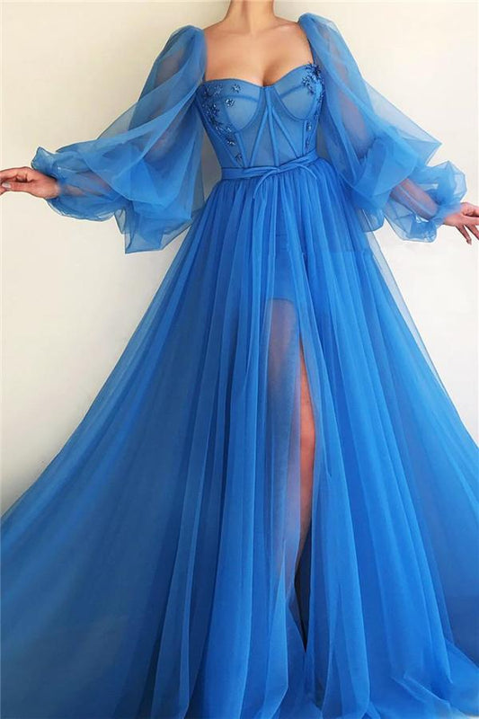 Elegant Long Sleeves Tulle Prom Dress Slit Evening Party Gowns