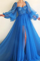 Elegant Long Sleeves Tulle Prom Dress Slit Evening Party Gowns