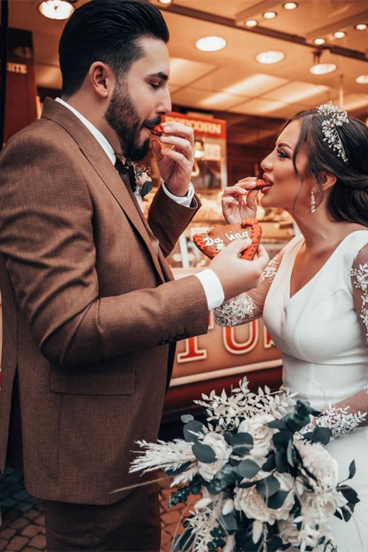 Mermaid Wedding Dress with V Neck and Long Lace Sleeves