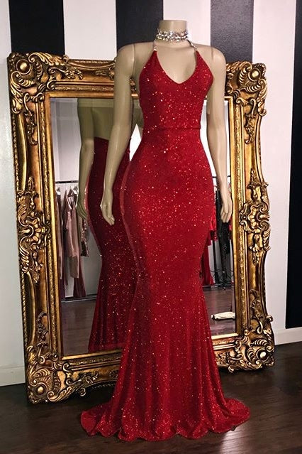 Gorgeous V-Neck Sleeveless Red Mermaid Prom Dress With Seuqins