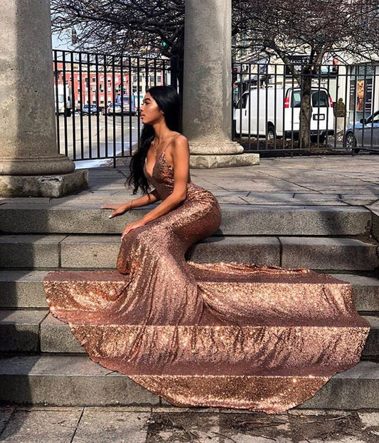 Charming Spaghetti-Straps Shinning Sequined Prom Dress Mermaid Sleeveless