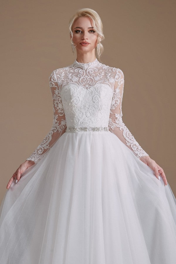 Elegant A-line Wedding Gown with High Neck, Long Sleeves, and Tulle Lace