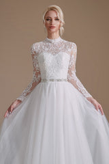 Elegant A-line Wedding Gown with High Neck, Long Sleeves, and Tulle Lace