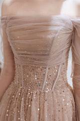 Gorgeous Sheer Long Sleeves Prom Dress Tulle Lace-up Off-the-Shoulde