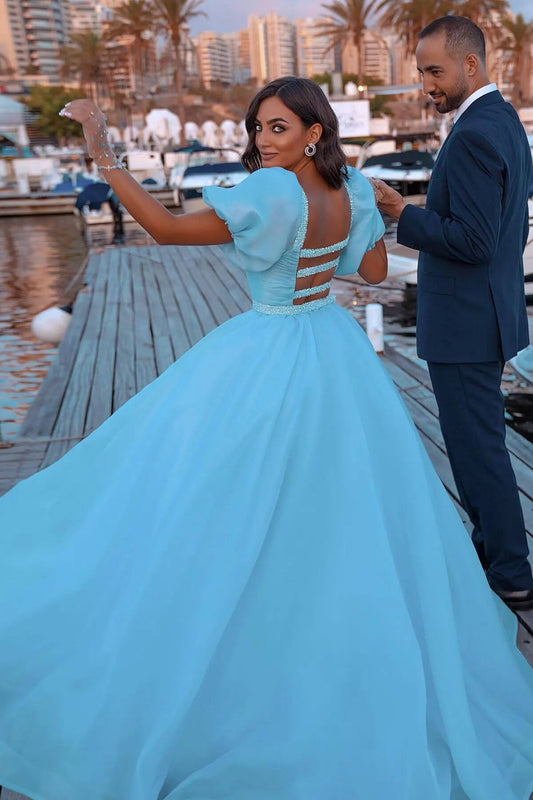 Glorious Ocean Blue Short Bubble Sleeves Mermaid Prom Dress Sequins Tulle Skirt