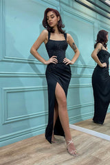 Modern Black Straps Mermaid Prom Dress Long With Split Beadings