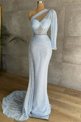 Classic Long Sleeves One Shoulder Sequins Prom Dress Mermaid With Ruffle