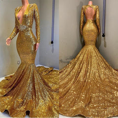 Gorgeous Gold Sequins Long Sleeves Prom Dress Mermaid Deep V-Neck