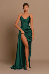 Elegant Dusty Blue Prom Dress Long V Neck Dress With Slit Pleated