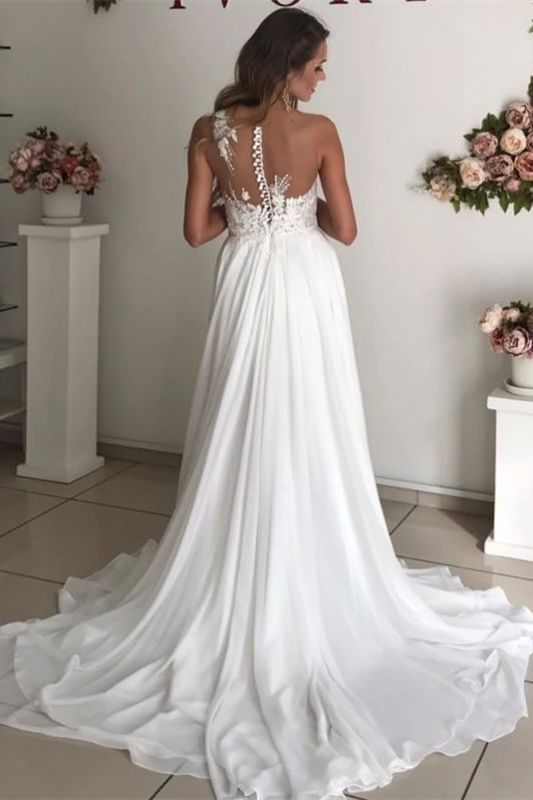 Sleeveless Chiffon Beach Wedding Dress with Elegant Appliques and Long Design