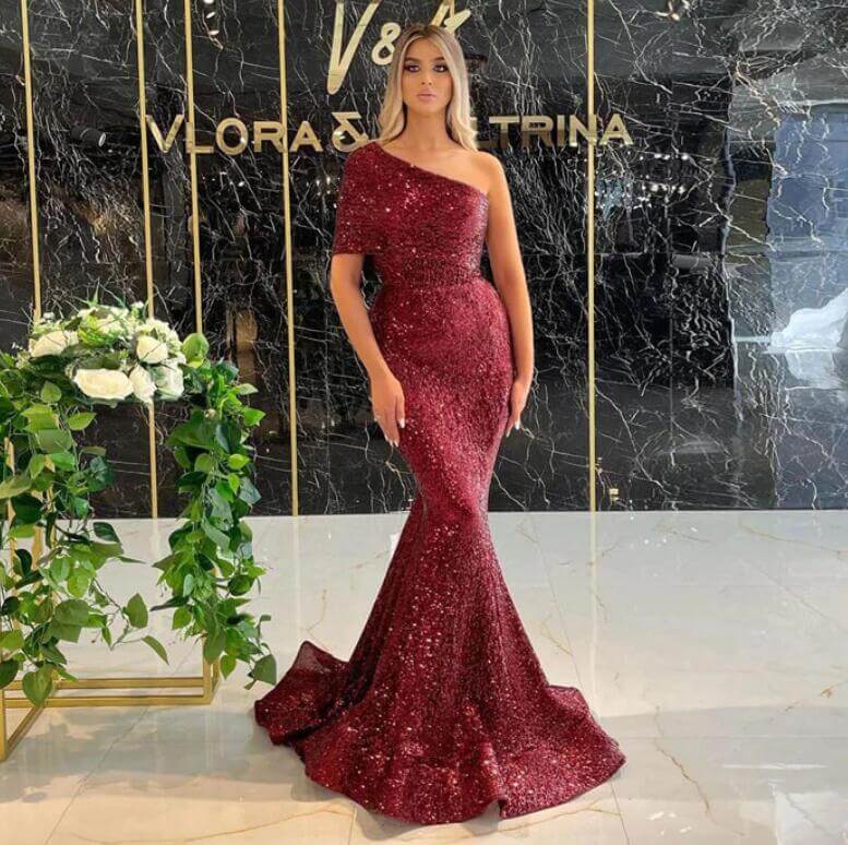 Gorgeous One Shoulder Burgundy Sequins Prom Dress Mermaid Long Online